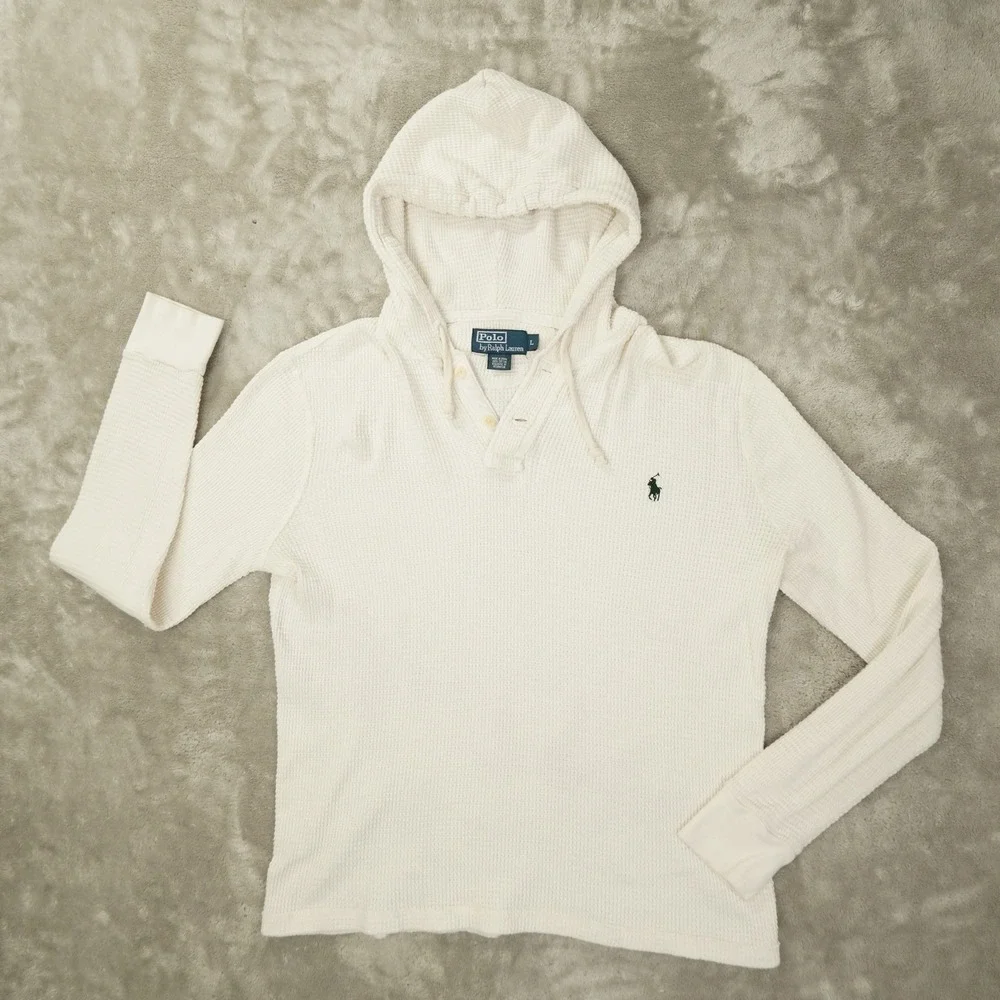 Polo Ralph Lauren Vintage Waffle Knit Thermal Hoodie Men's Large Off White